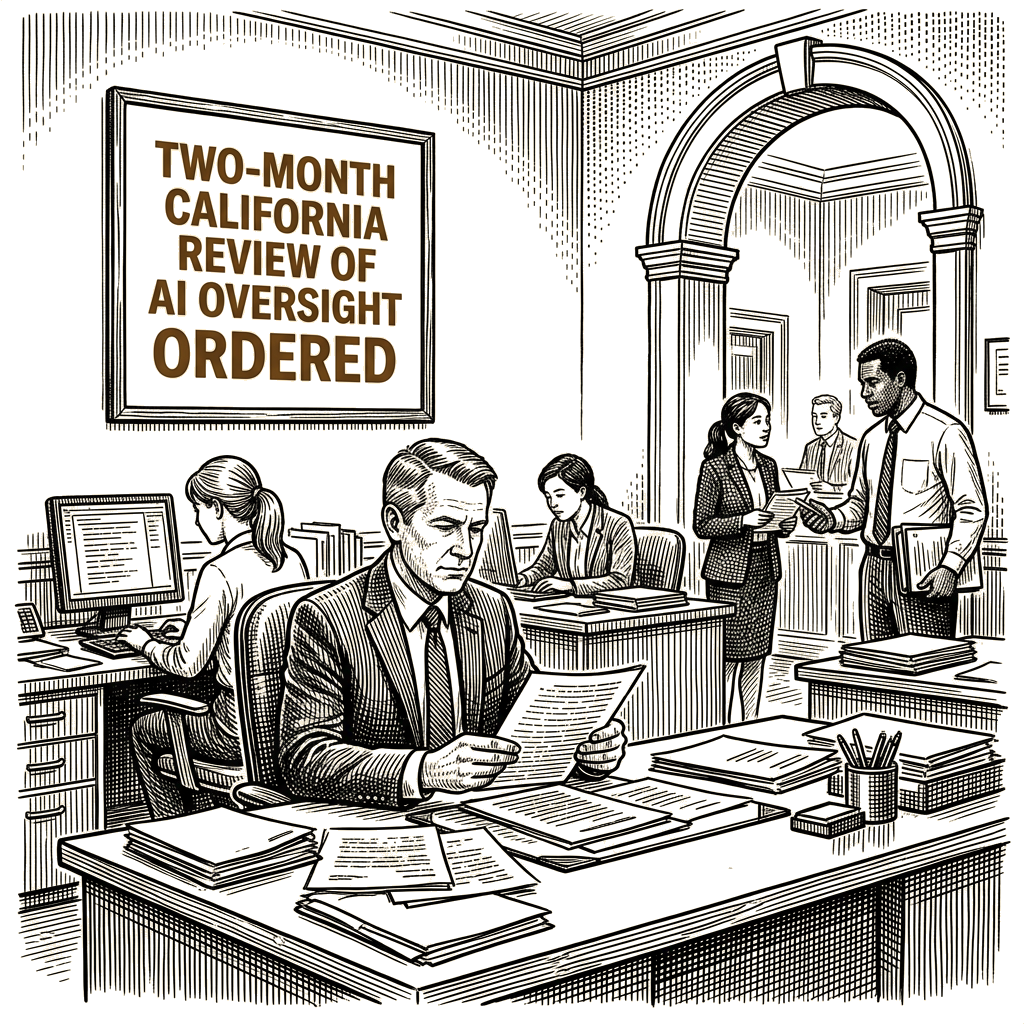 Illustration accompanying article: Newsom orders two-month California review of AI oversight