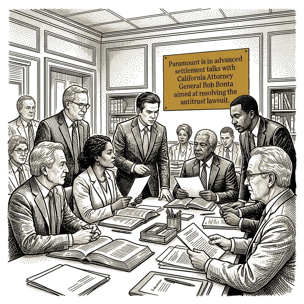 Illustration accompanying article: Paramount in advanced settlement talks with California on Warner antitrust suit