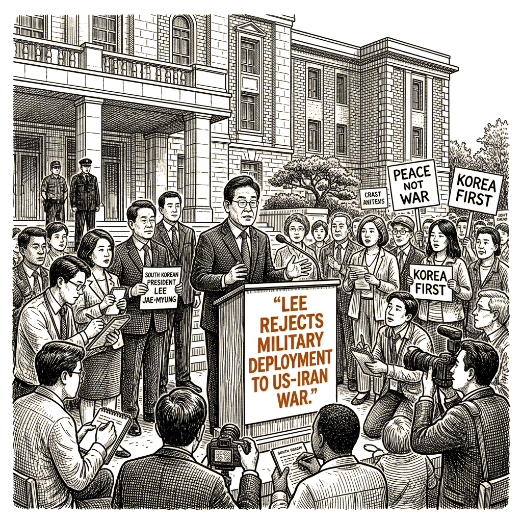 Illustration accompanying article: South Korea's Lee rejects military deployment to US Iran war