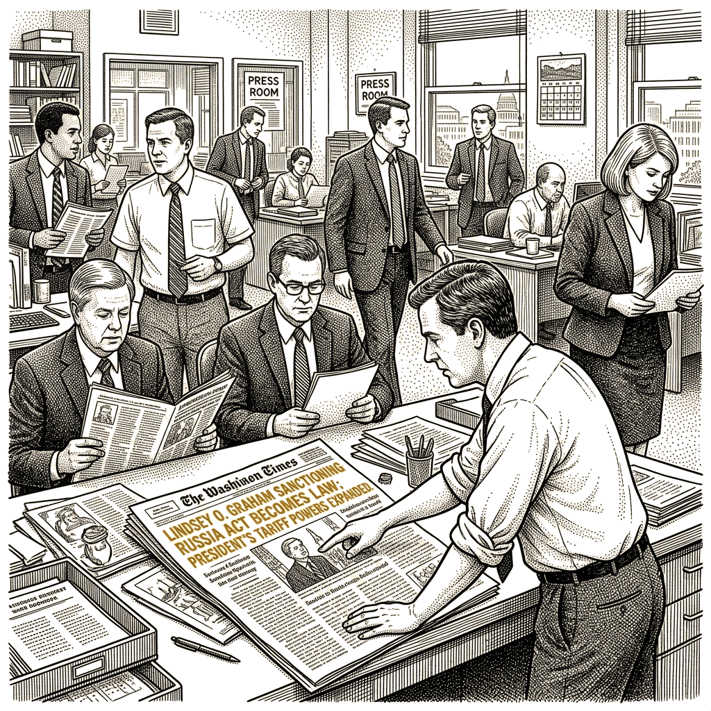 Illustration accompanying article: Trump signs Russia sanctions bill granting expanded tariff authority
