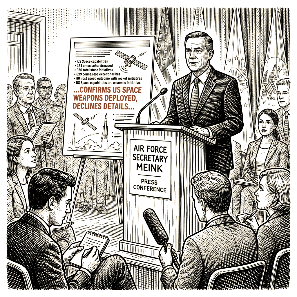 Illustration accompanying article: Air force secretary confirms US space weapons deployment, declines details