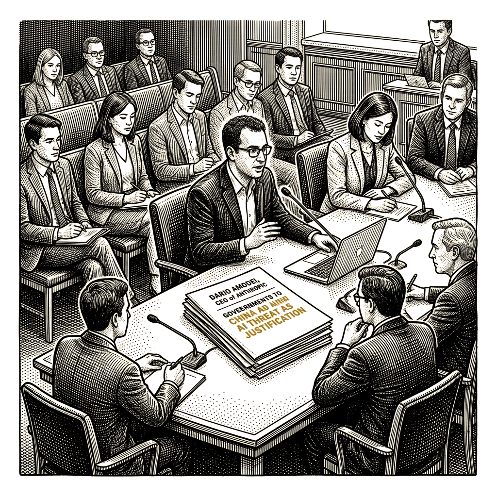 Illustration accompanying article: Anthropic CEO leads Silicon Valley China hawks in AI policy debate