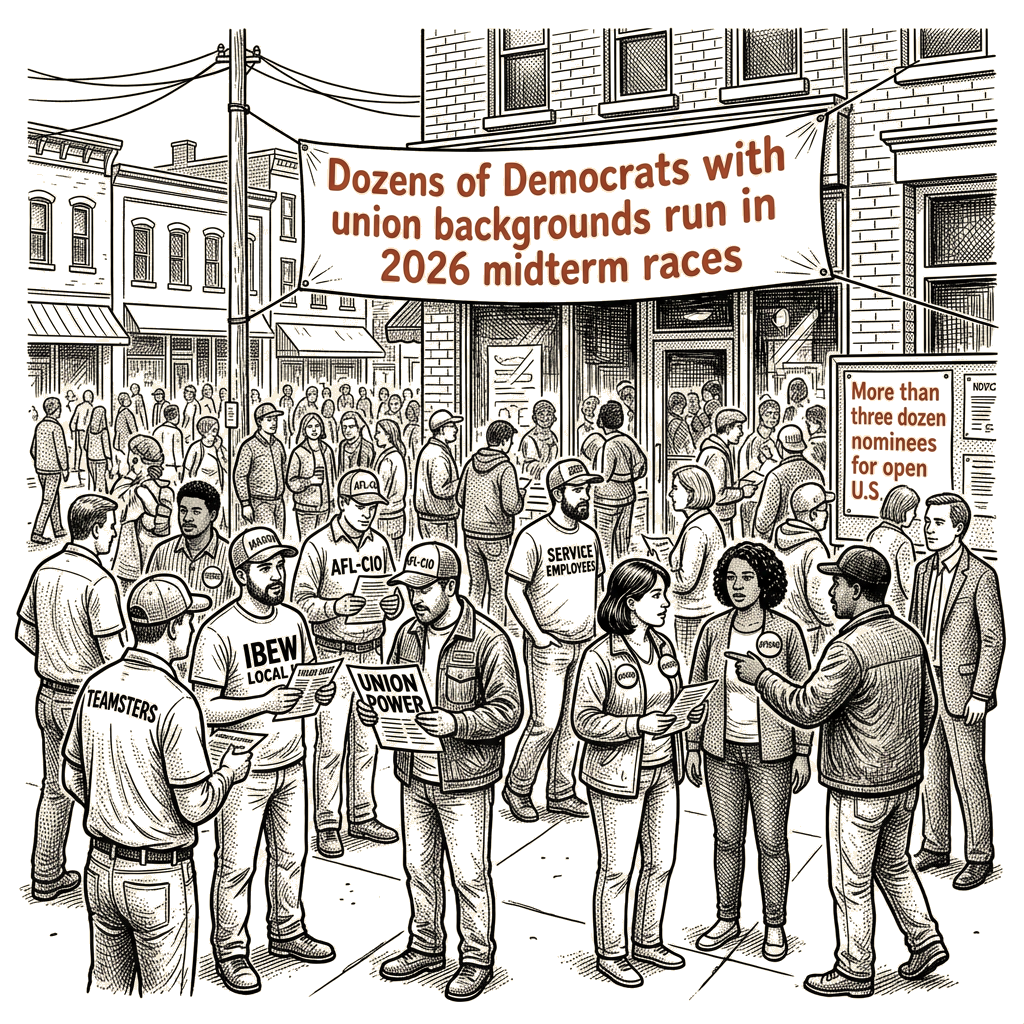 Illustration accompanying article: Dozens of Democrats with union backgrounds run in 2026 midterm races