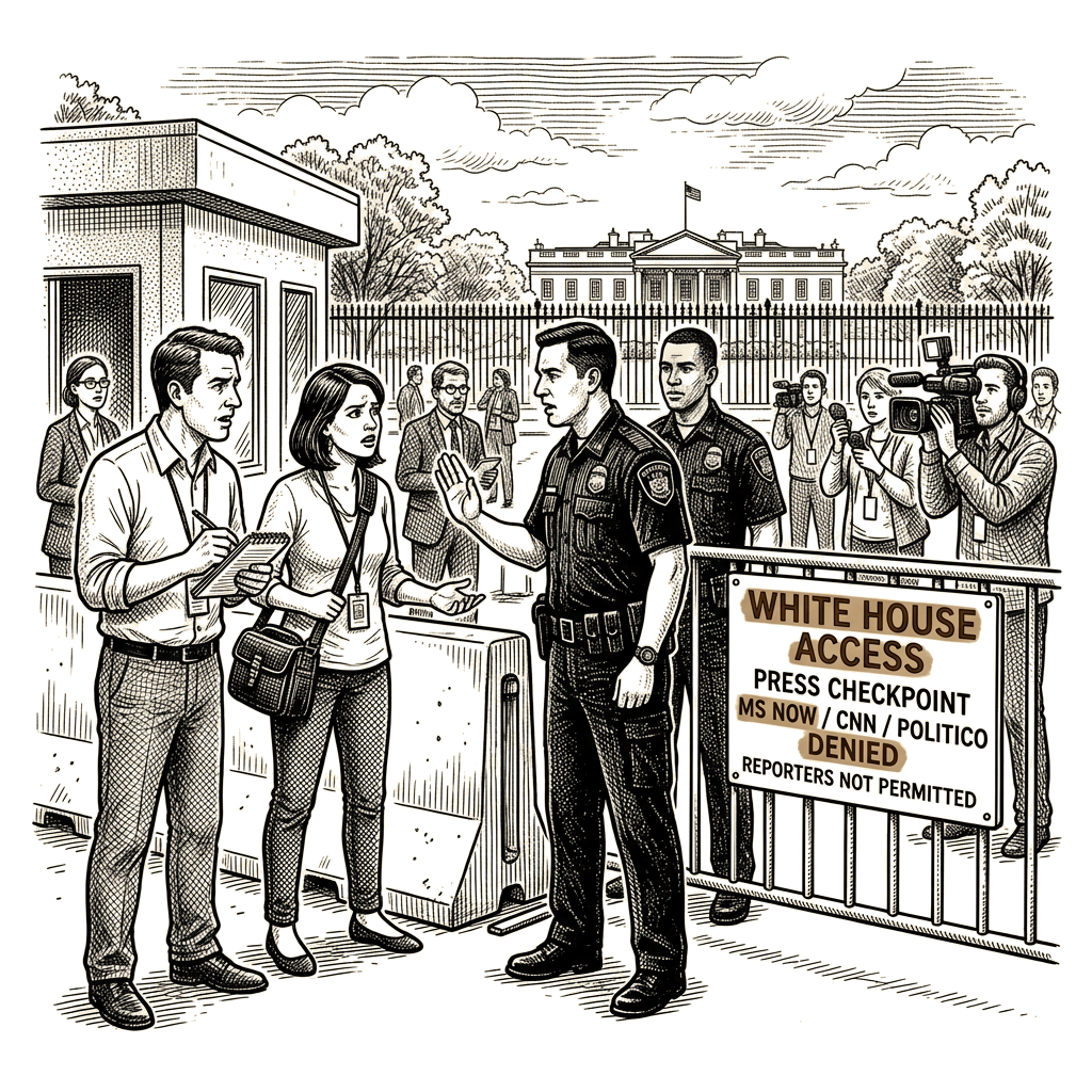 Illustration accompanying article: MS Now and CNN reporters denied White House access under Trump press ban