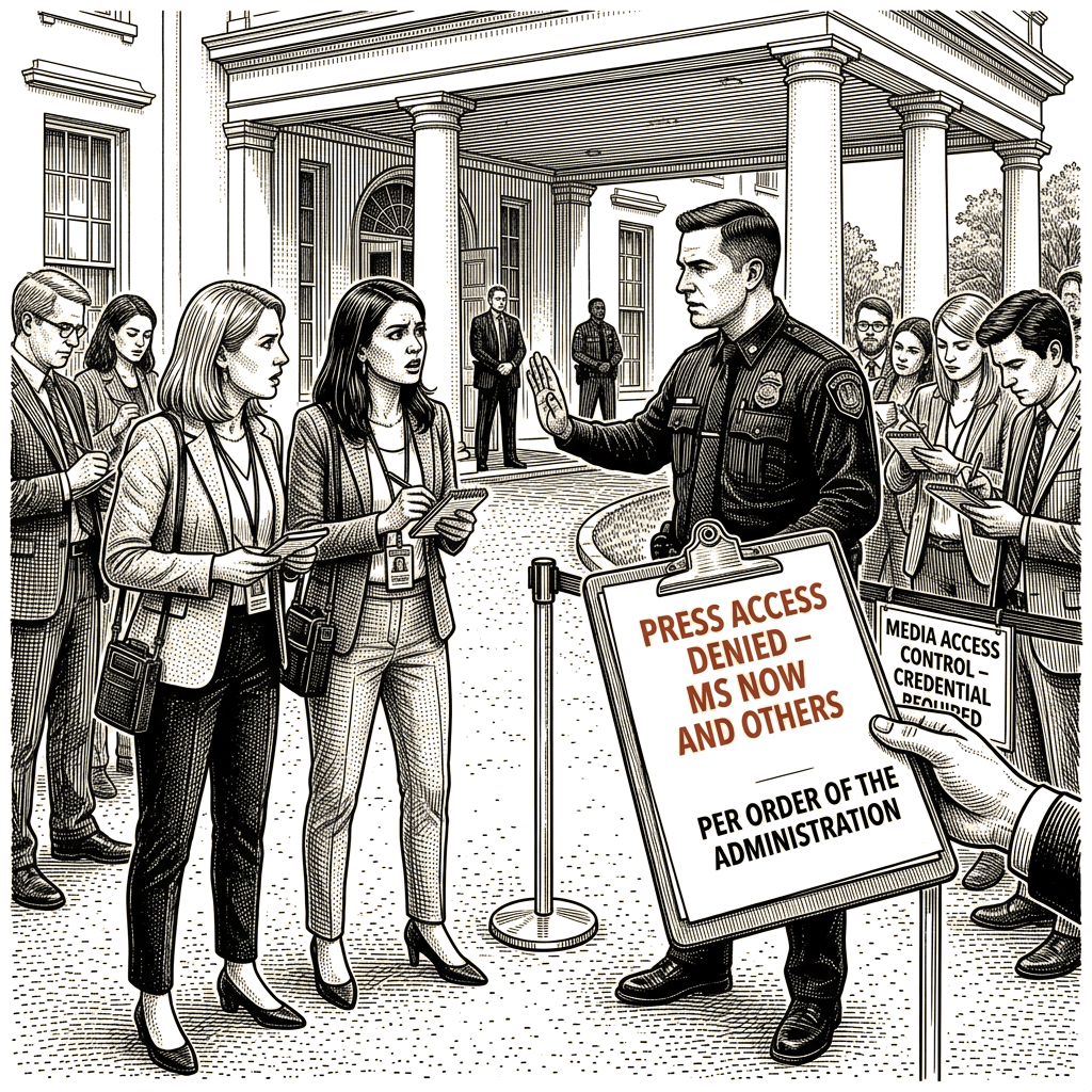 Illustration accompanying article: MS NOW denied White House entry in first enforcement of Trump press ban