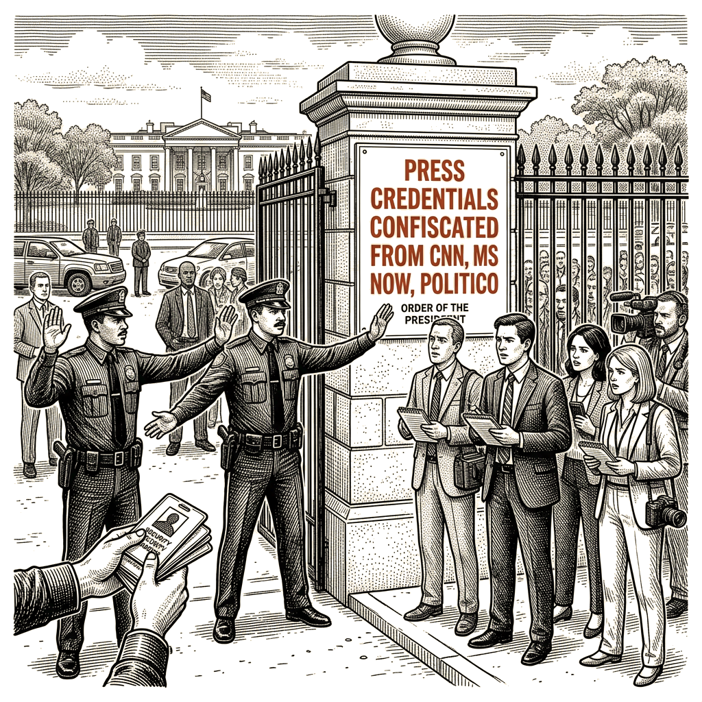 Illustration accompanying article: Officers bar CNN, MS NOW and Politico reporters from White House
