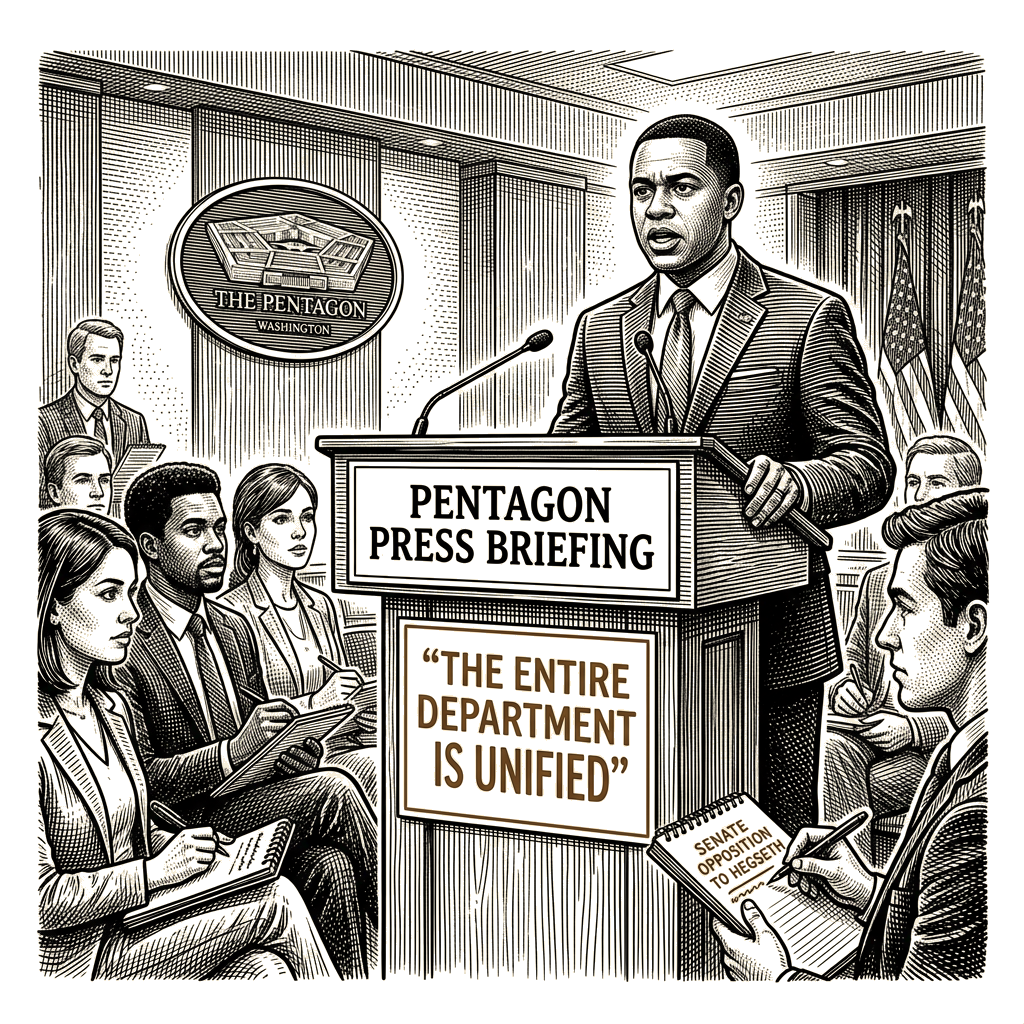 Illustration accompanying article: Pentagon defends Hegseth's record as Senate panel opposes Army pick