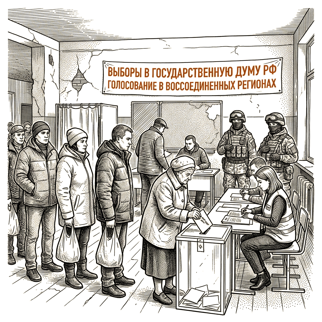 Illustration accompanying article: Russia holds first wartime parliamentary vote in annexed Ukrainian regions
