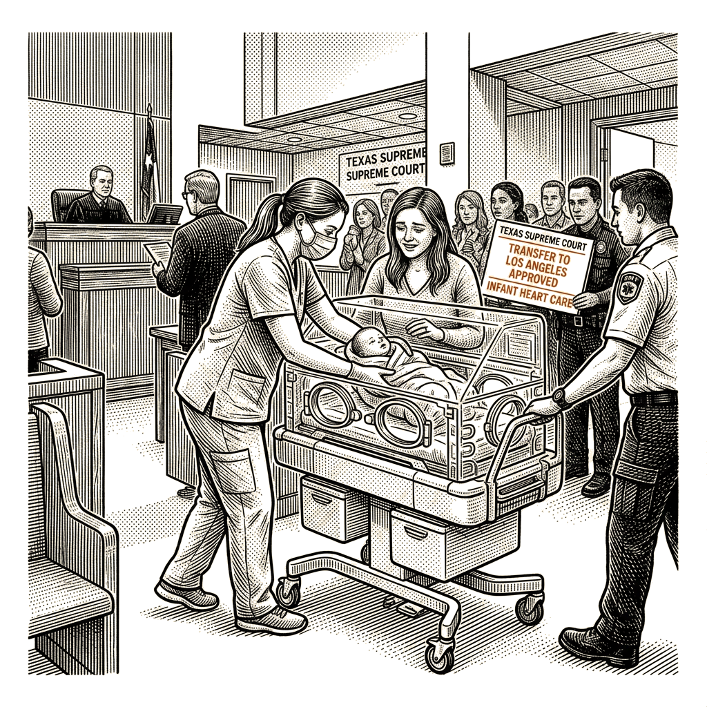 Illustration accompanying article: Texas Supreme Court clears infant's transfer to California for heart care