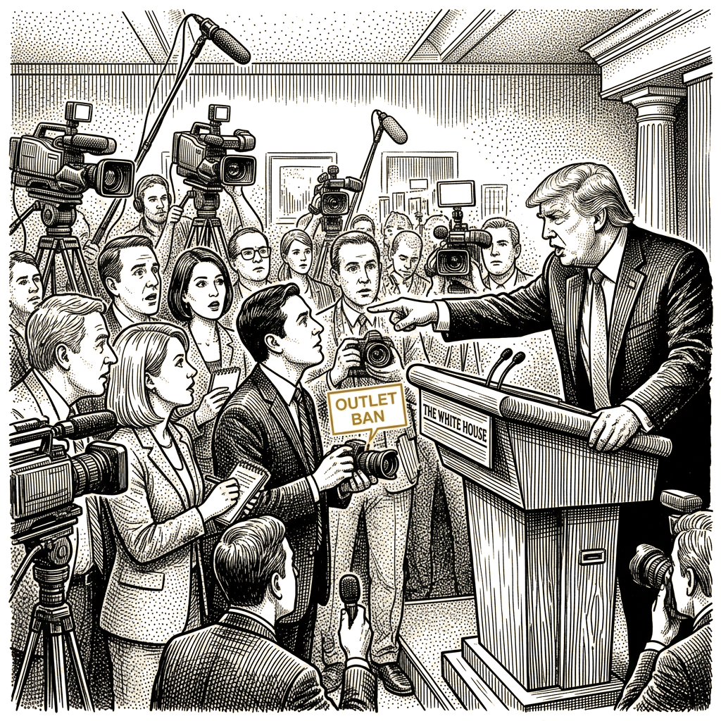 Illustration accompanying article: Trump calls Bloomberg reporter 'terrible' in defending White House outlet ban