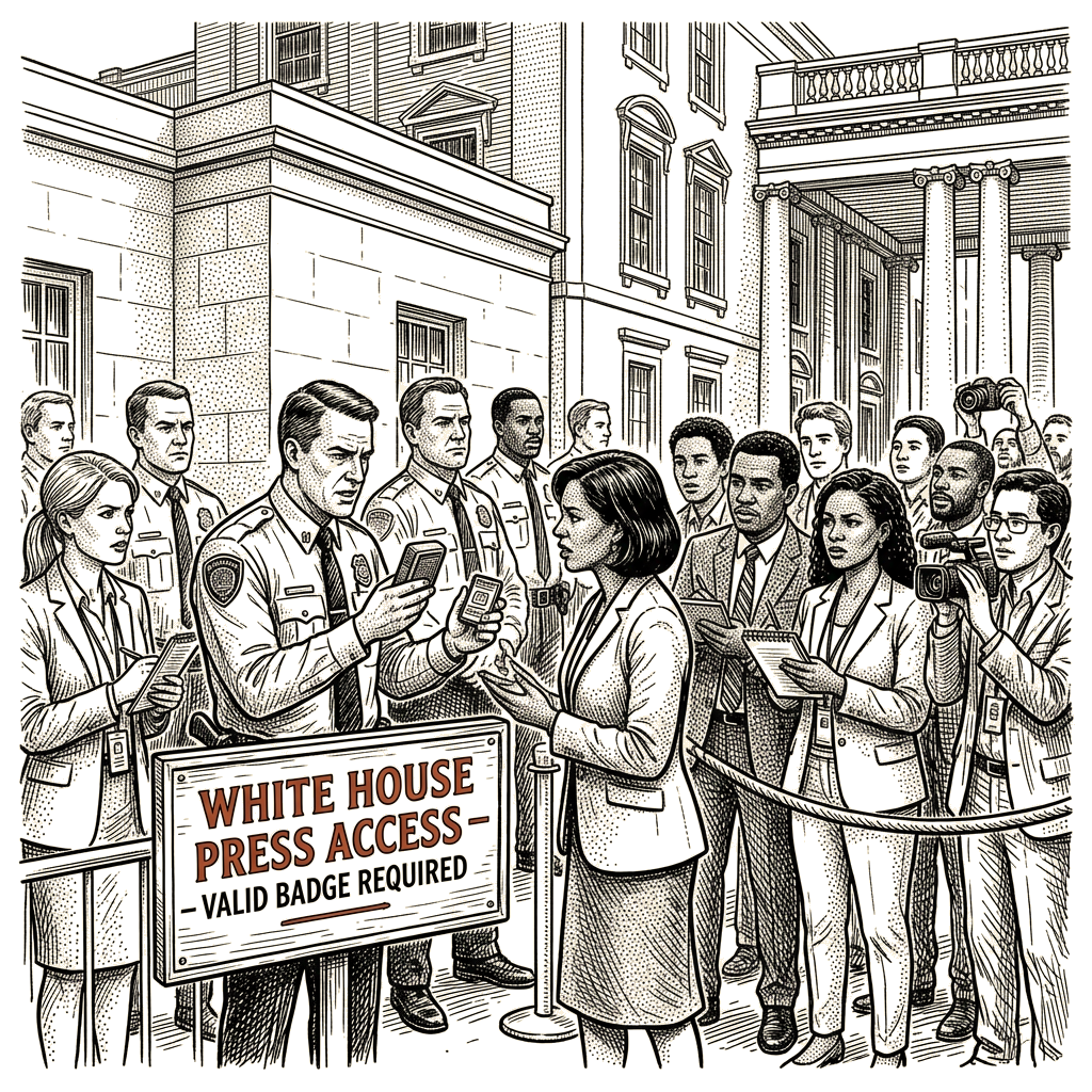 Illustration accompanying article: Trump defends press ban: ''I don''''t have to let them into the people''''s house''
