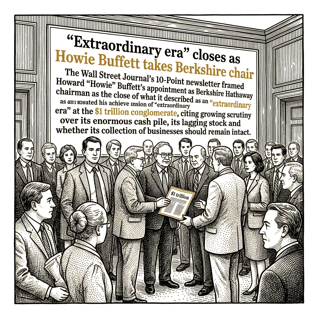 Illustration accompanying article: WSJ 10-Point: ''Extraordinary era'' closes as Howie Buffett takes Berkshire chair