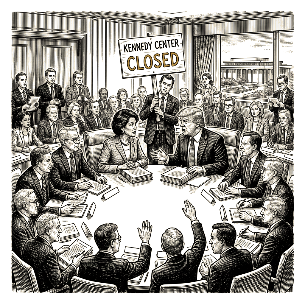 Illustration accompanying article: Beatty clashes with Trump as Kennedy Center board votes to close building