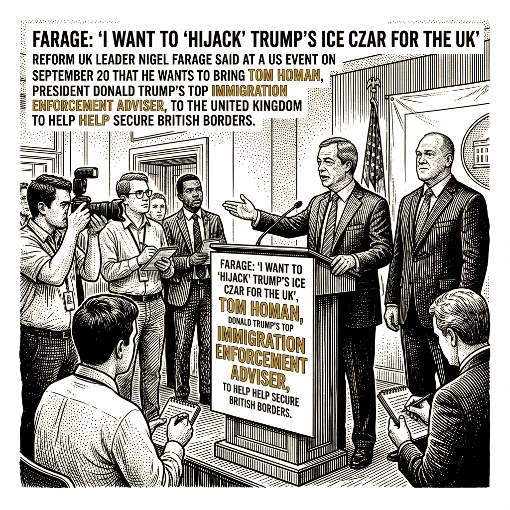 Illustration accompanying article: Farage: I want to ''hijack'' Trump''s ICE czar for the UK