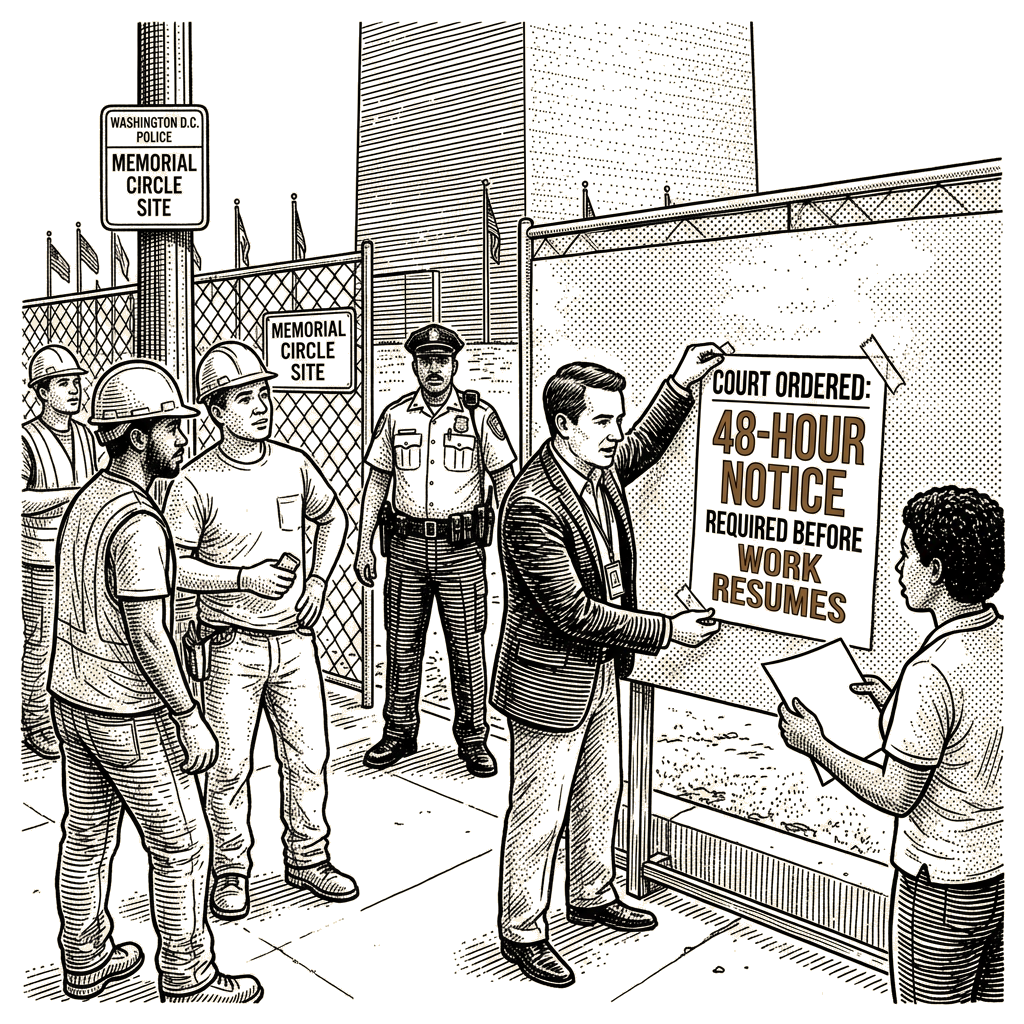 Illustration accompanying article: Judge orders 48-hour notice before Trump DC arch Memorial Circle work