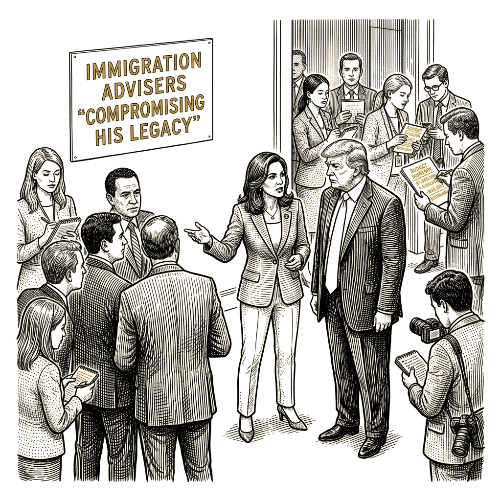 Illustration accompanying article: Salazar warns Trump that immigration advisers are 'compromising his legacy'
