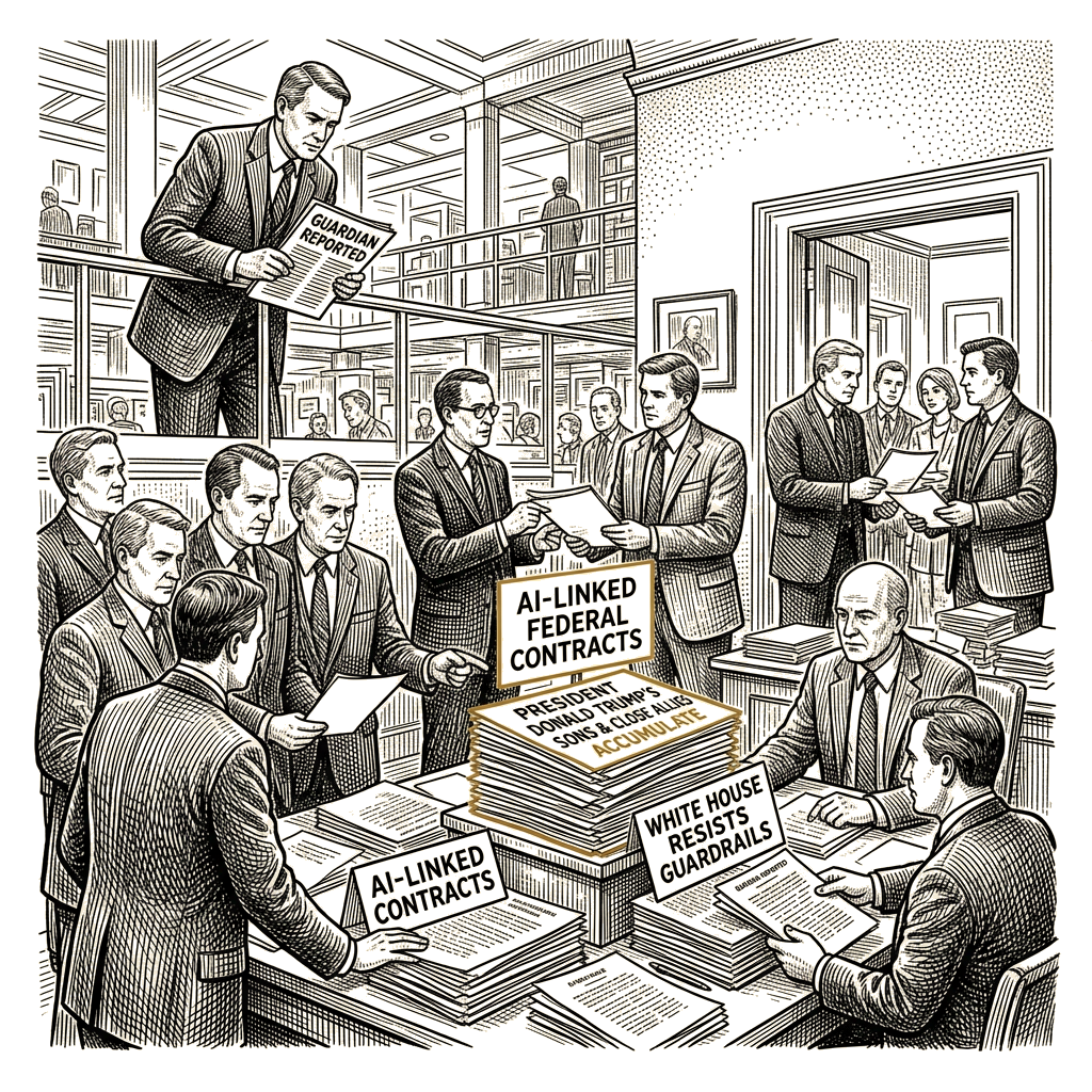 Illustration accompanying article: Trump sons and allies accumulate AI-linked contracts as White House resists guardrails