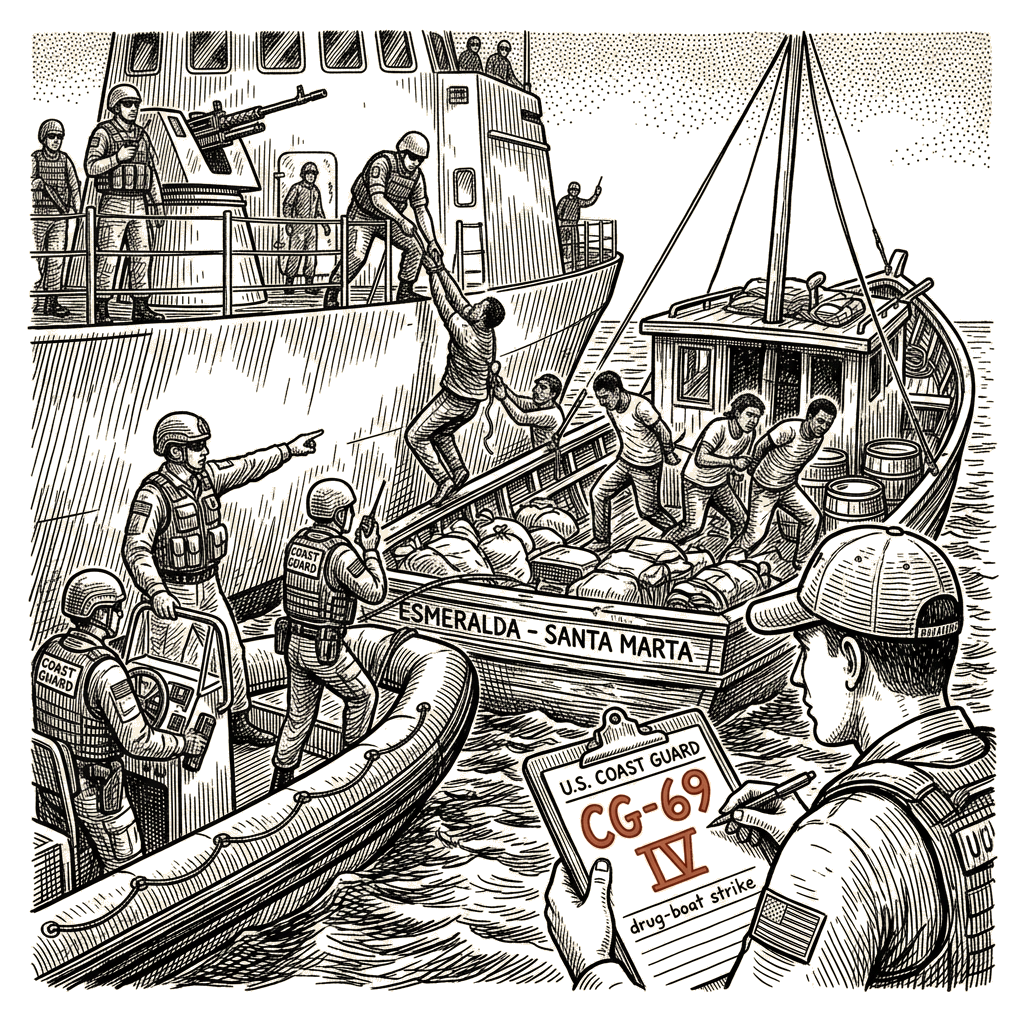 Illustration accompanying article: U.S. military says 4 killed in 69th Caribbean drug-boat strike