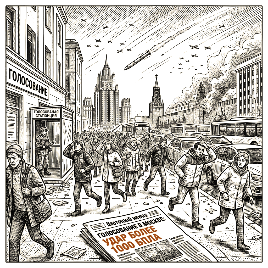 Illustration accompanying article: Ukraine hits Moscow with more than 1,000 drones on Russia's election day
