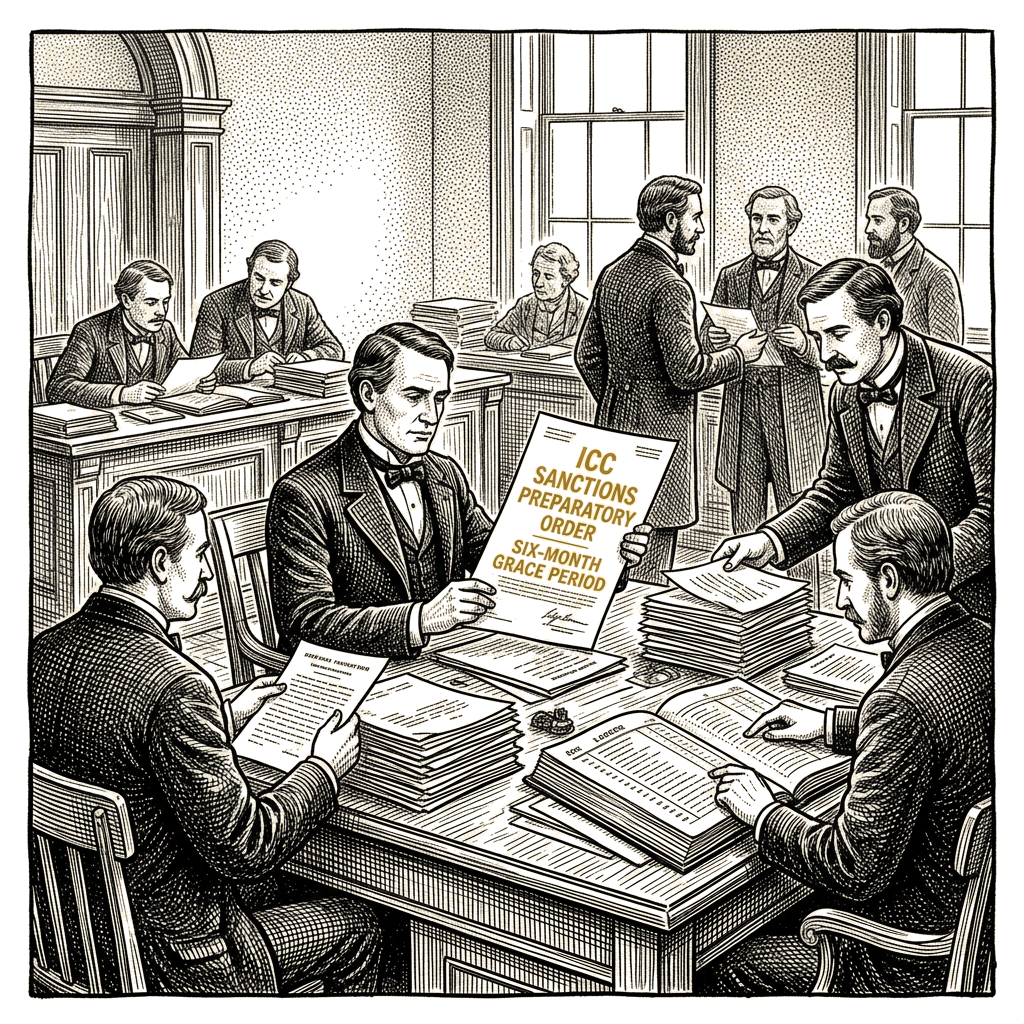 Illustration accompanying article: US preparing institution-wide ICC sanctions with six-to-seven-month grace period