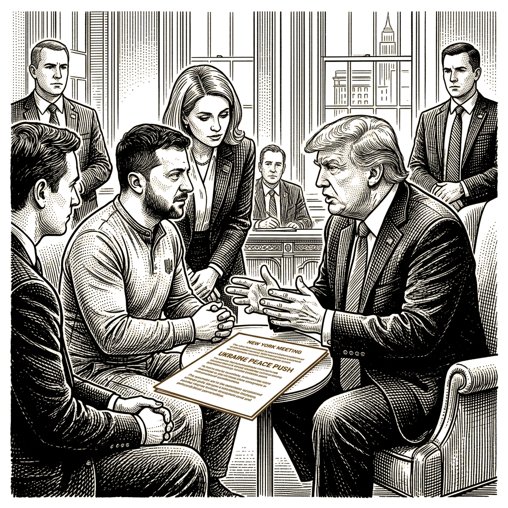 Illustration accompanying article: Zelensky, Trump to meet in New York amid renewed Ukraine peace push