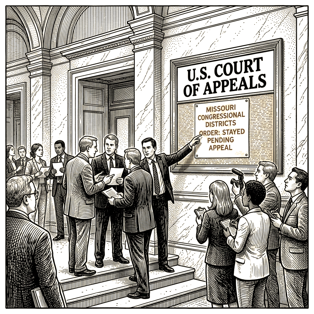 Illustration accompanying article: Appeals court backs Trump-backed Missouri districts; order stayed pending appeal