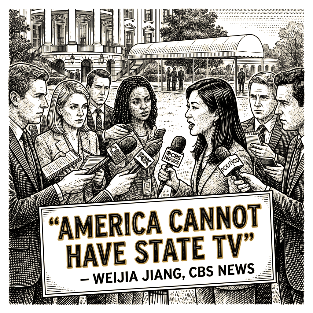Illustration accompanying article: CBS's Jiang warns 'America cannot have state TV' in White House press ban suit