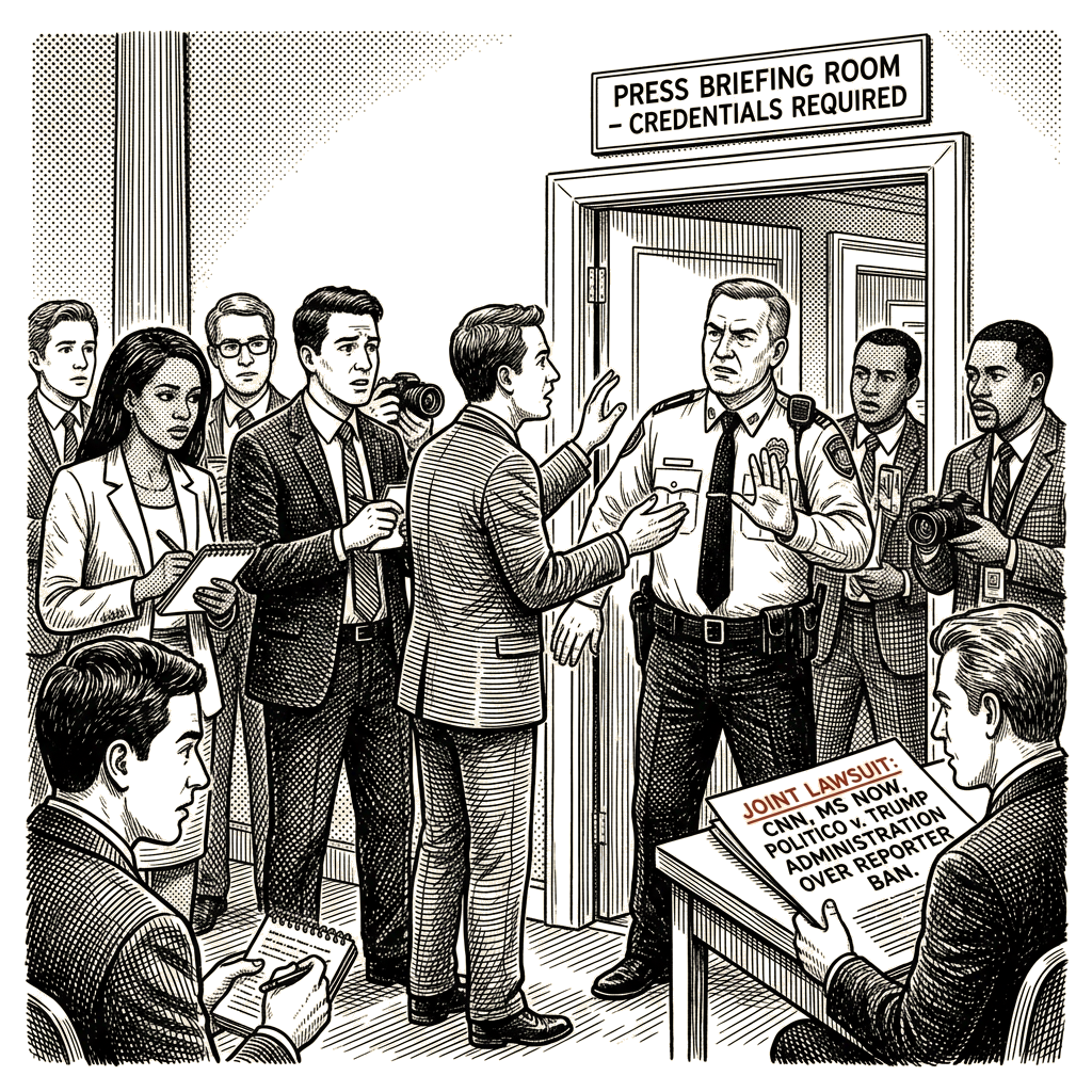 Illustration accompanying article: CNN, MS NOW and Politico sue Trump over White House reporter ban