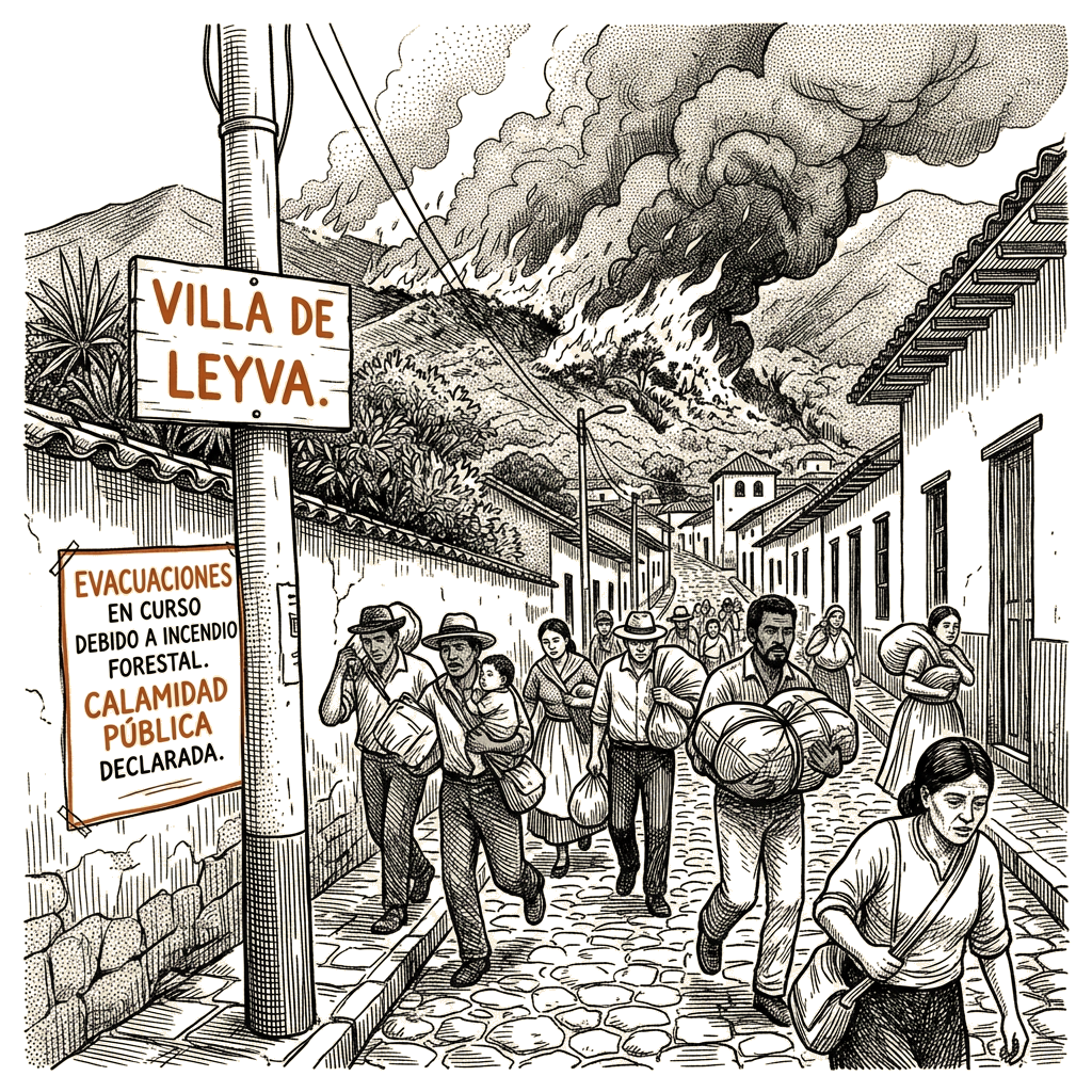 Illustration accompanying article: Colombia declares calamity as Villa de Leyva wildfire forces evacuations