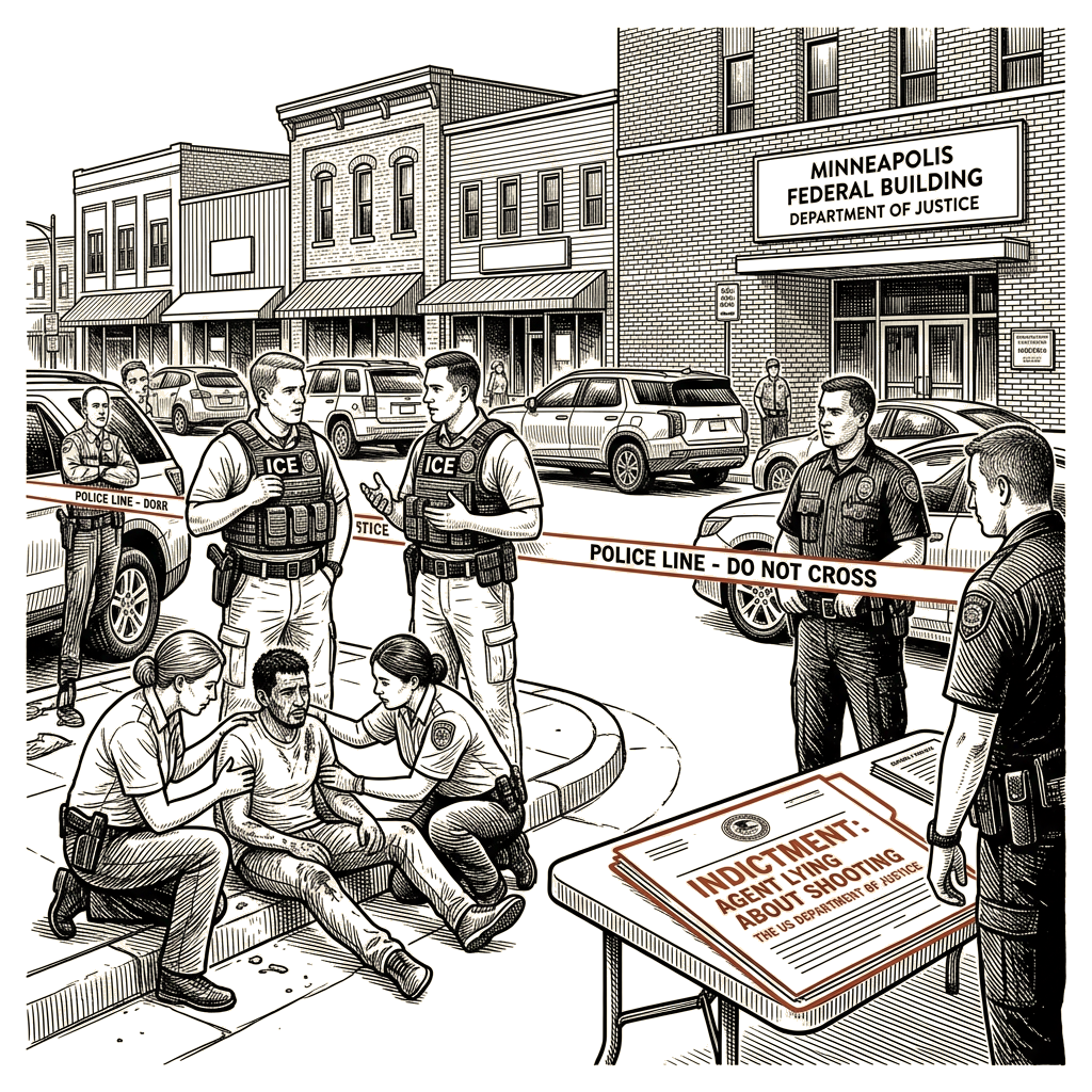 Illustration accompanying article: DOJ brings rare charge against ICE agent for lying about Minnesota shooting