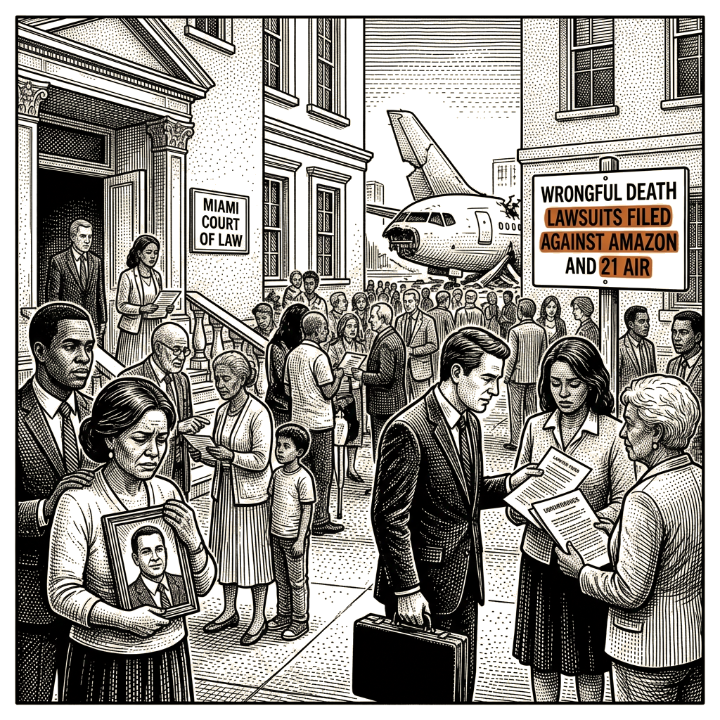 Illustration accompanying article: Families of Miami cargo crash victims sue Amazon, 21 Air, and pilots