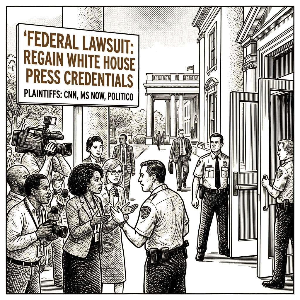 Illustration accompanying article: Three news outlets sue Trump to restore White House press credentials