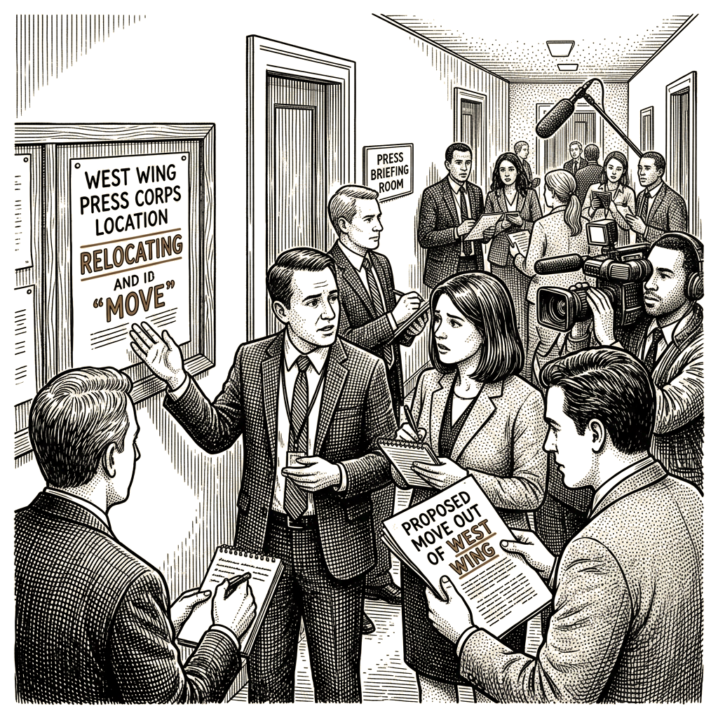 Illustration accompanying article: Trump weighs relocating White House press corps from West Wing
