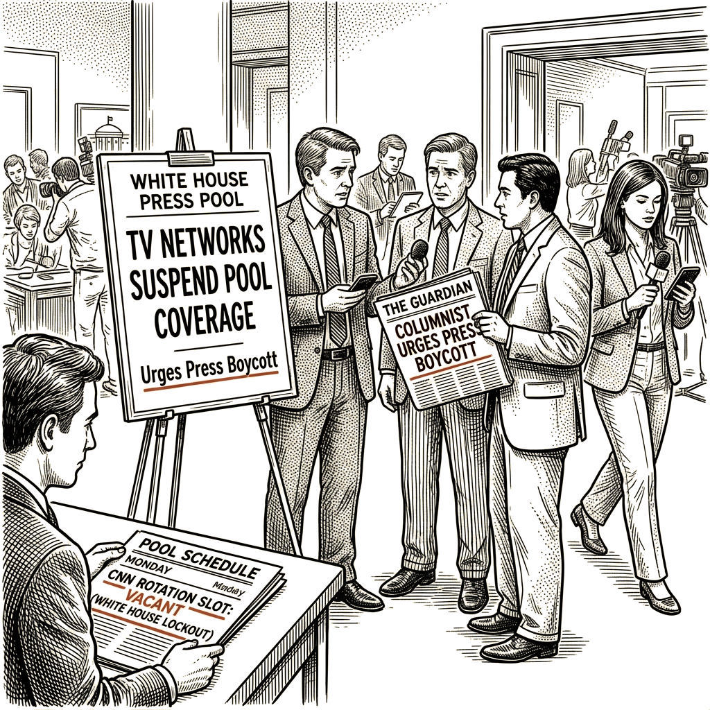 Illustration accompanying article: TV networks suspend White House pool; Guardian columnist urges press boycott