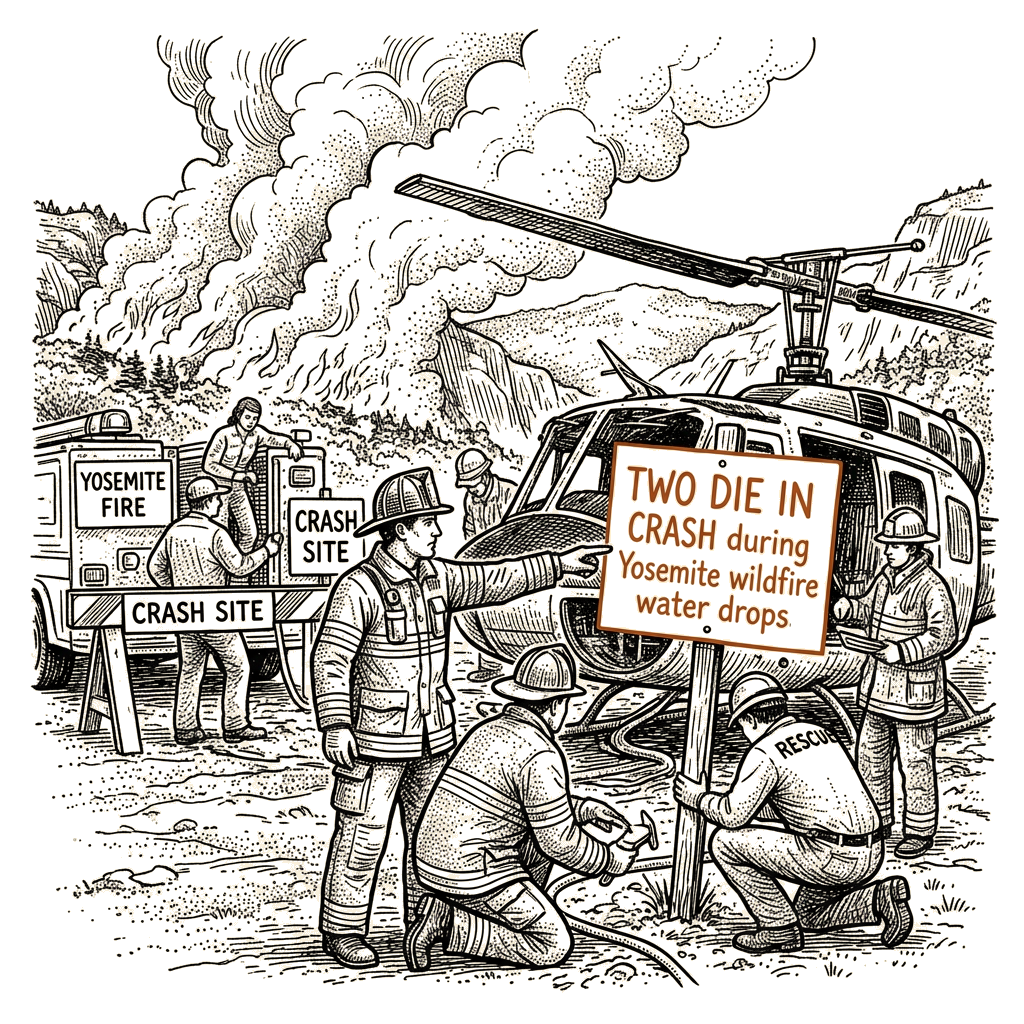Illustration accompanying article: Two die in helicopter crash during Yosemite wildfire water drops