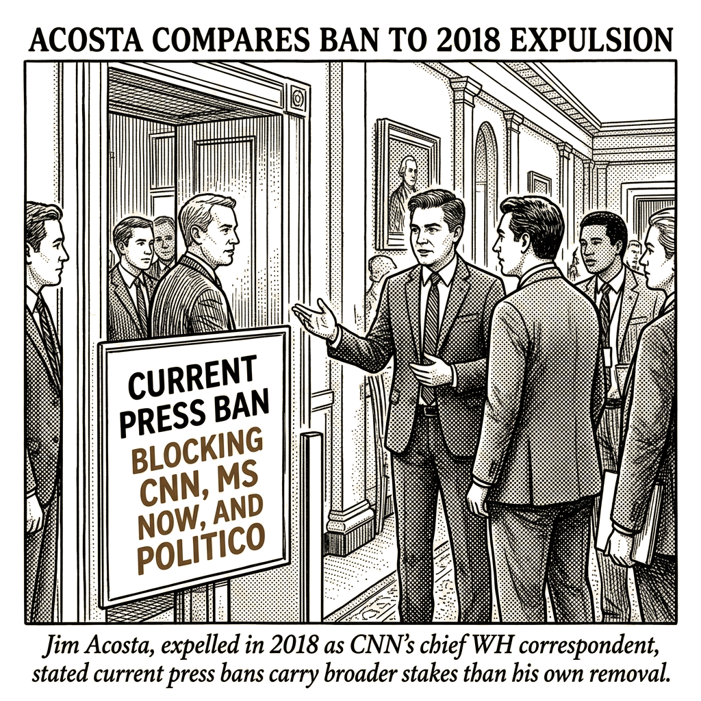 Illustration accompanying article: Acosta compares current White House press ban to his 2018 expulsion