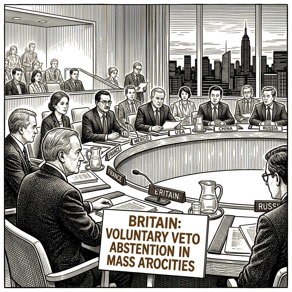 Illustration accompanying article: Britain commits to abstaining from UN veto in mass atrocity cases