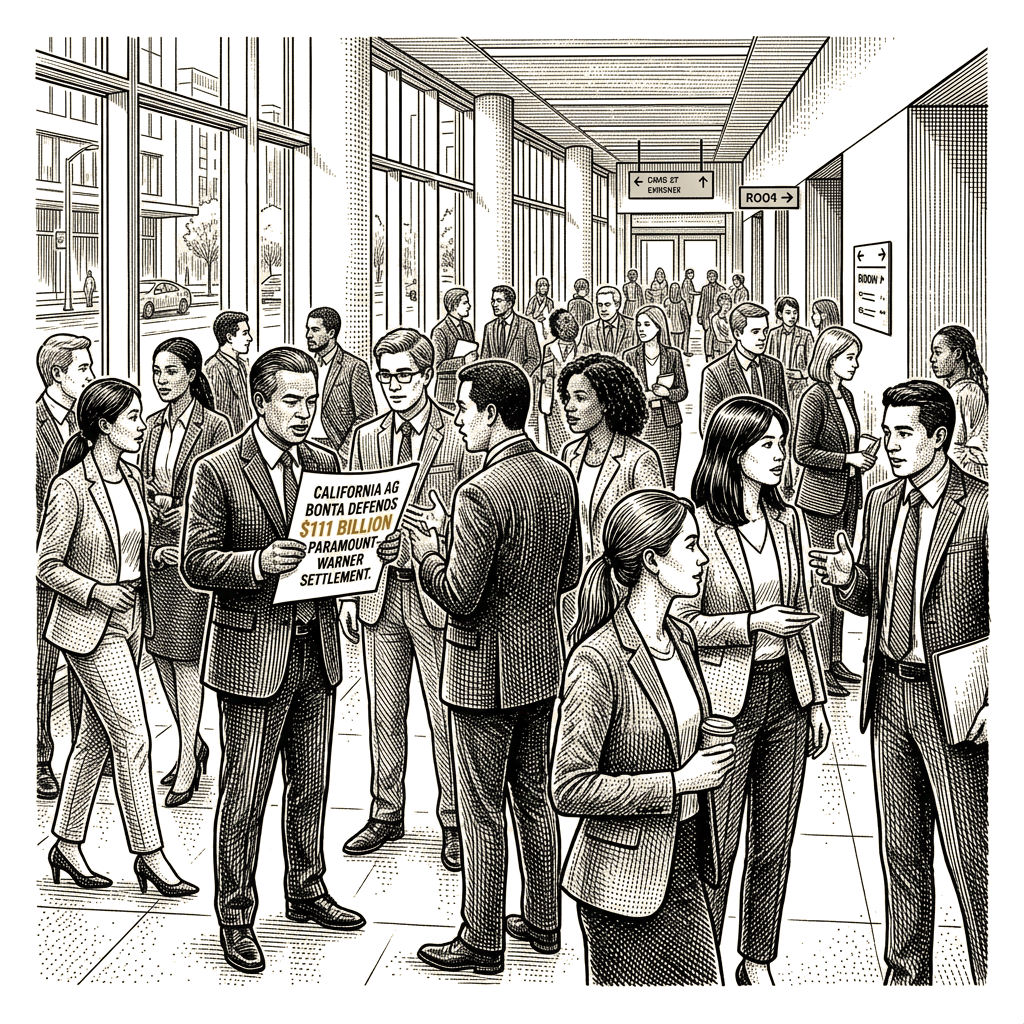 Illustration accompanying article: California AG Bonta defends Paramount-Warner antitrust settlement