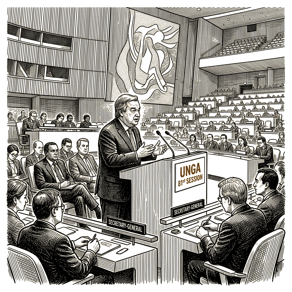 Illustration accompanying article: Guterres opens UN General Assembly warning of 'widening fault lines'