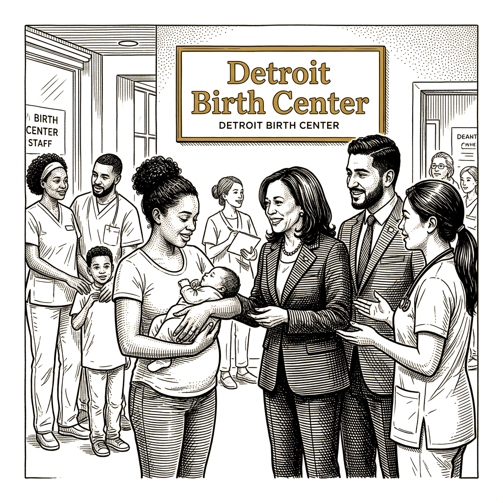 Illustration accompanying article: Harris campaigns with El-Sayed in Michigan Senate race
