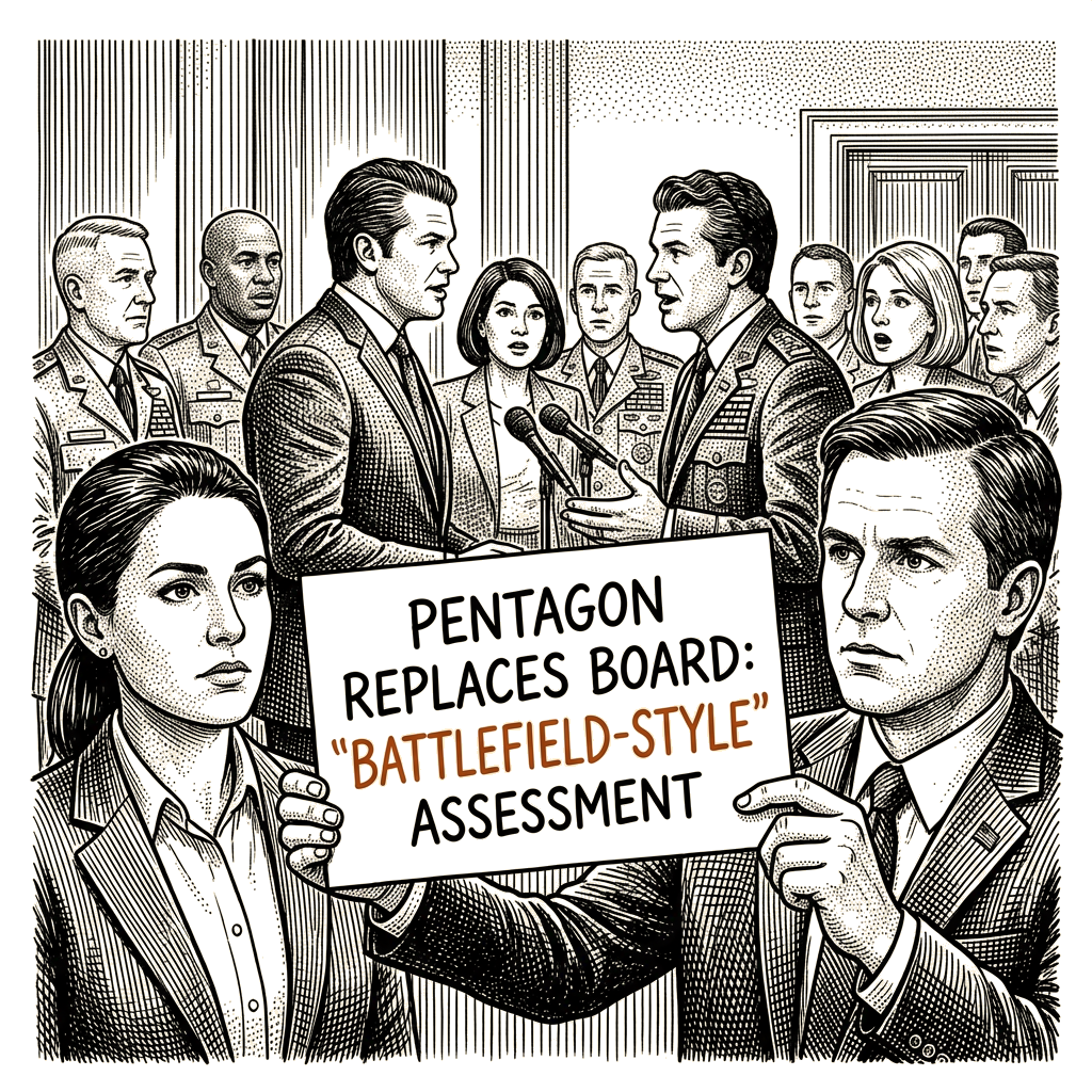 Illustration accompanying article: Hegseth announces battlefield-style officer promotion assessment