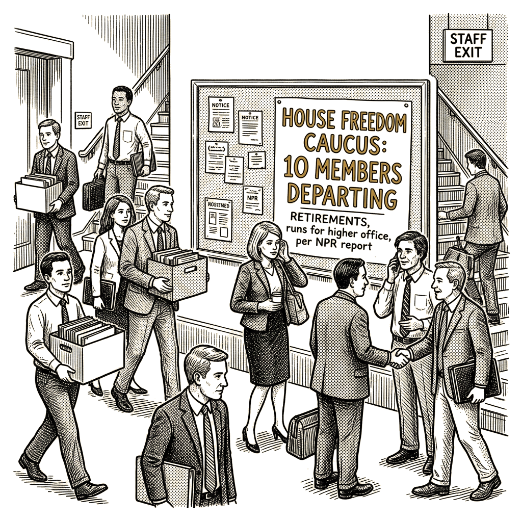 Illustration accompanying article: House Freedom Caucus faces turnover as 10 members depart