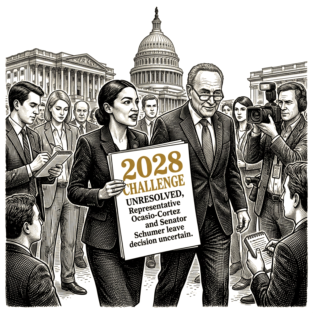 Illustration accompanying article: Ocasio-Cortez leaves 2028 challenge to Schumer unresolved