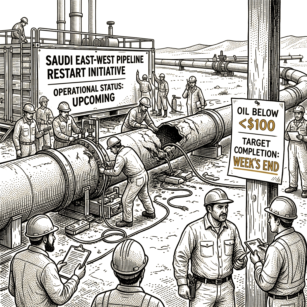 Illustration accompanying article: Oil falls below $100 as Saudi Arabia plans pipeline restart