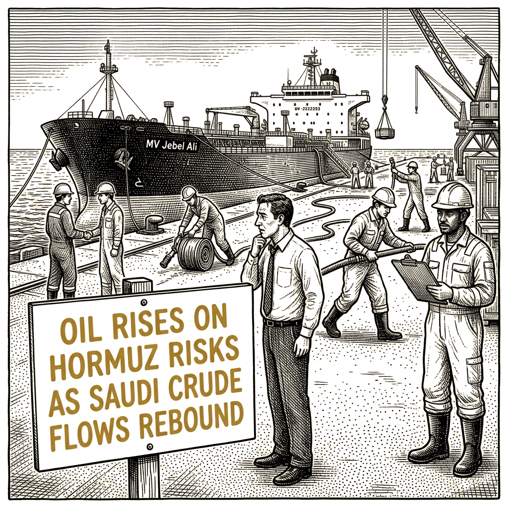 Illustration accompanying article: Oil rises on Hormuz risks as Saudi crude flows rebound