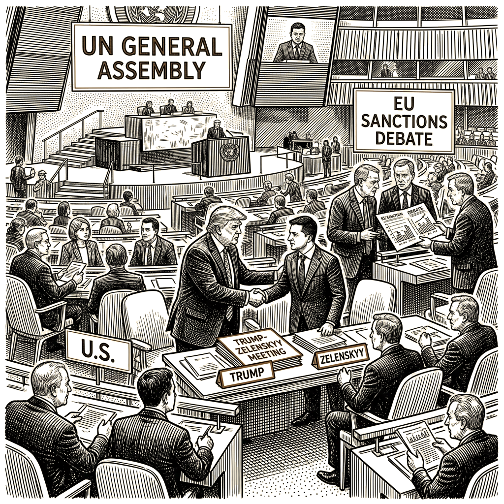 Illustration accompanying article: UN General Assembly opens with Trump-Zelenskyy meeting, EU sanctions debate