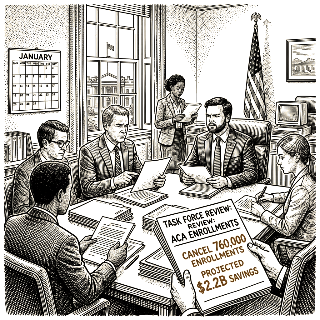 Illustration accompanying article: Vance task force to cancel 760,000 ACA enrollments, projecting $2.2B savings
