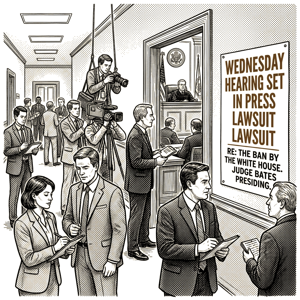 Illustration accompanying article: Wednesday hearing set in press lawsuit as GOP allies urge Trump to focus on voters