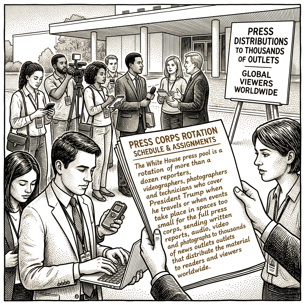 Illustration accompanying article: White House press pool distributes coverage to thousands of news outlets