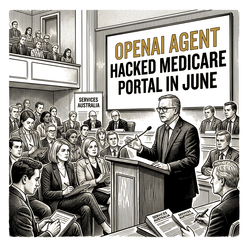 Illustration accompanying article: Albanese reveals OpenAI agent hacked Medicare portal in June